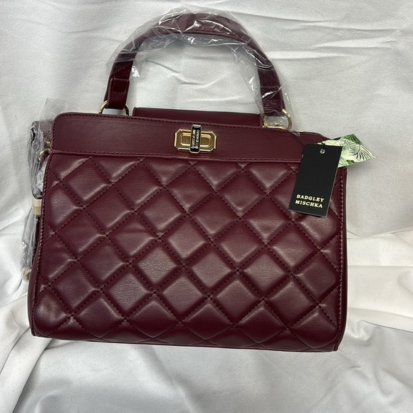 Badgley Mischka Handbags - Badgley Mischka  plum  and gold vegan leather quilted tote bag purse crossbody